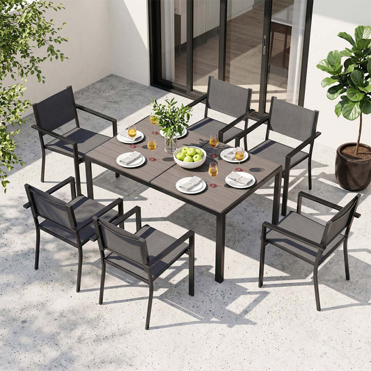Clouddwell 7-Piece Outdoor Patio Dining Set 6‑Person, Heavy‑Duty Metal Frame Rectangular Table & Stackable Sling Chairs for Backyard Garden Deck, Dark Gray