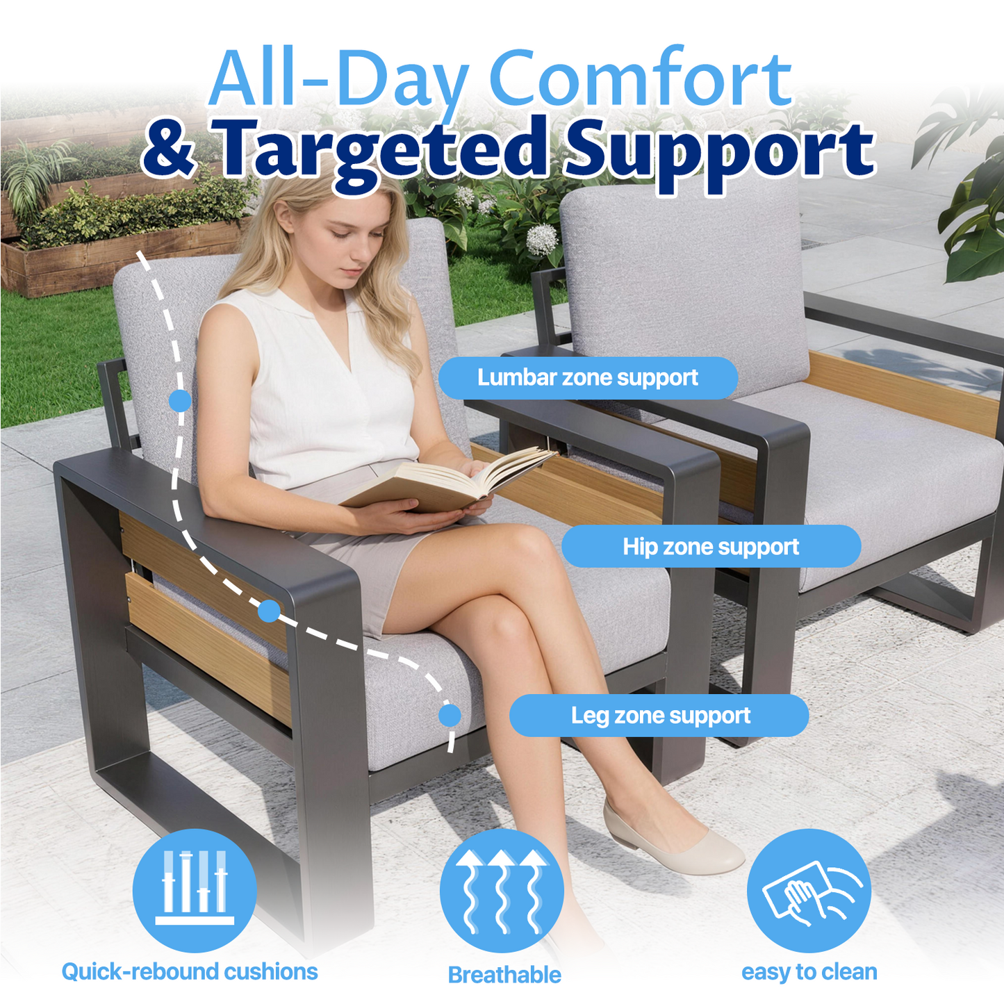 Clouddwell 4 Piece Aluminum Patio Furniture Set, 5-Seat Luxury Outdoor Sectional with 6" Olefin Fabric Cushions, Light Grey