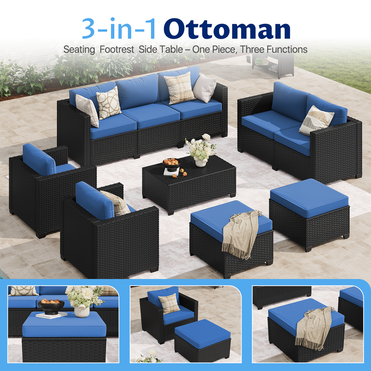 LazySunsets 7 Piece Outdoor Furniture Set, Rattan Wicker Outdoor Conversation Set Patio Furniture, Navy Blue/Black