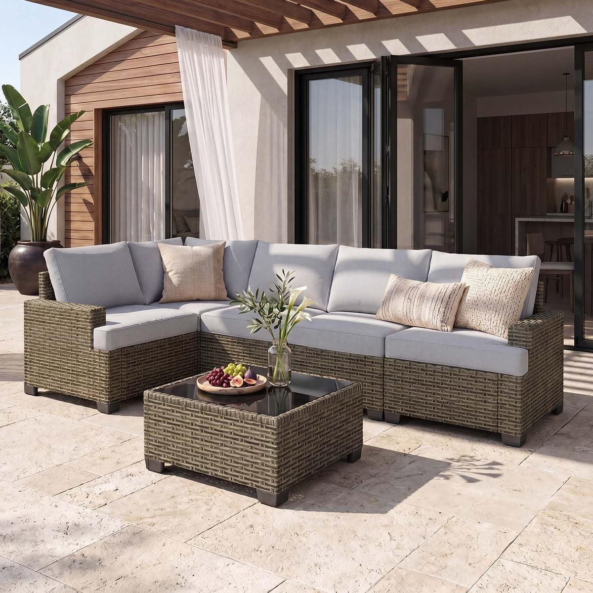 Clouddwell 6 Pieces Outdoor Patio Furniture Set, Rattan Wicker Sectional Chairs Sets with Table, Light Gray