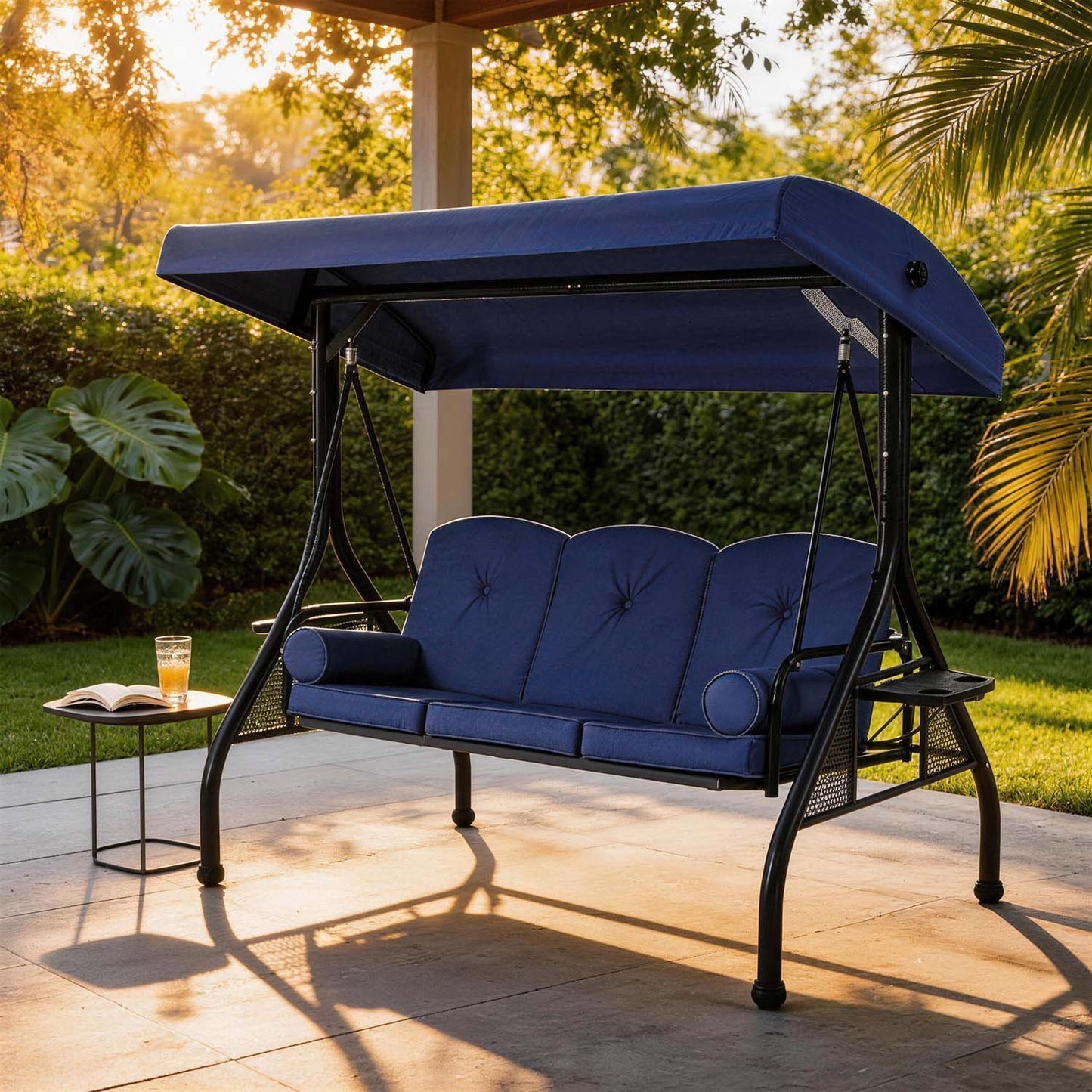 Clouddwell Outdoor Porch Swing with Stand and Canopy, 3-Seat Porch Swing with Stand for Garden, Yard & Balcony, Blue