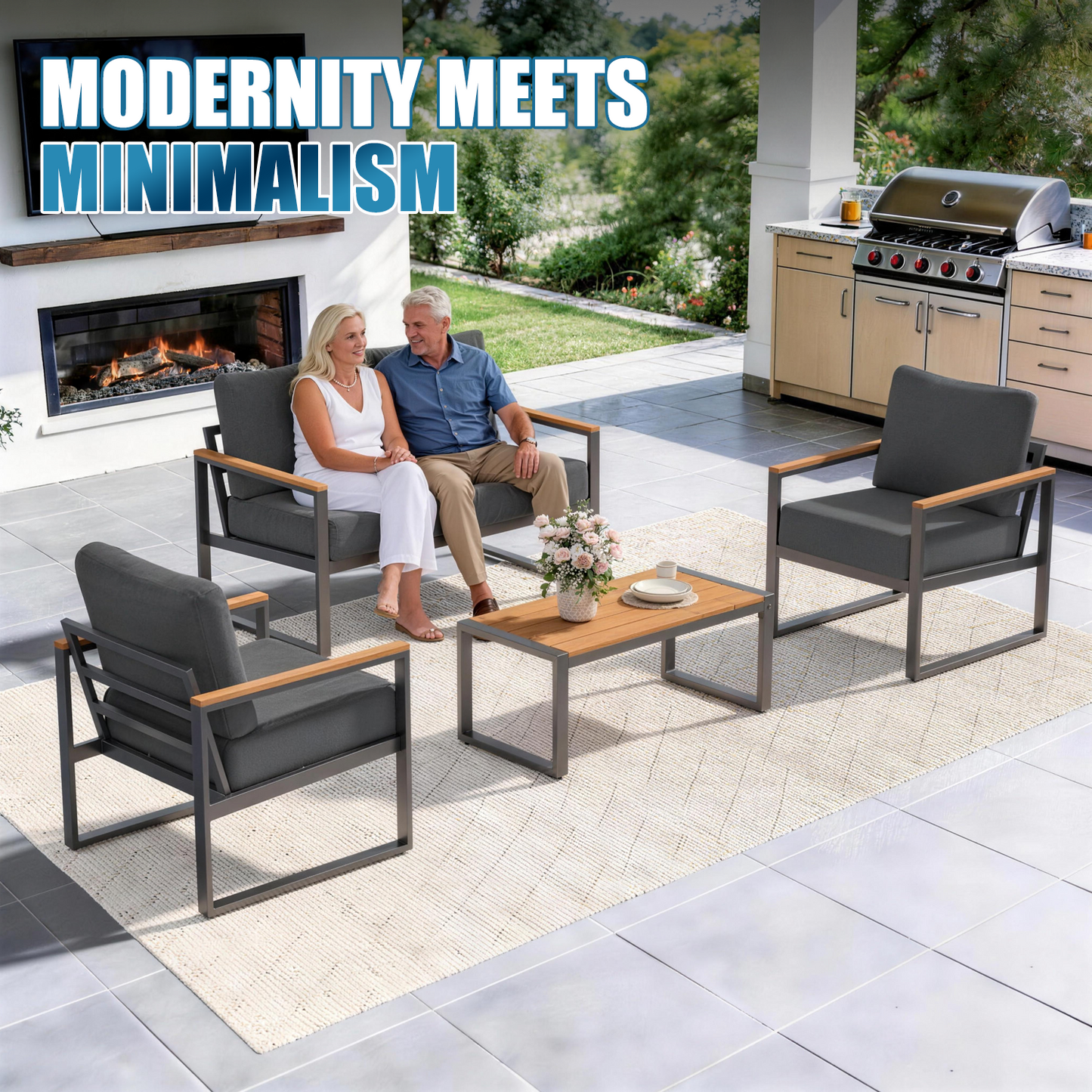 CLOUDDWELL 4-Piece Metal Weatherproof Outdoor Conversation Sets with 4 Thick Cushions, Gray