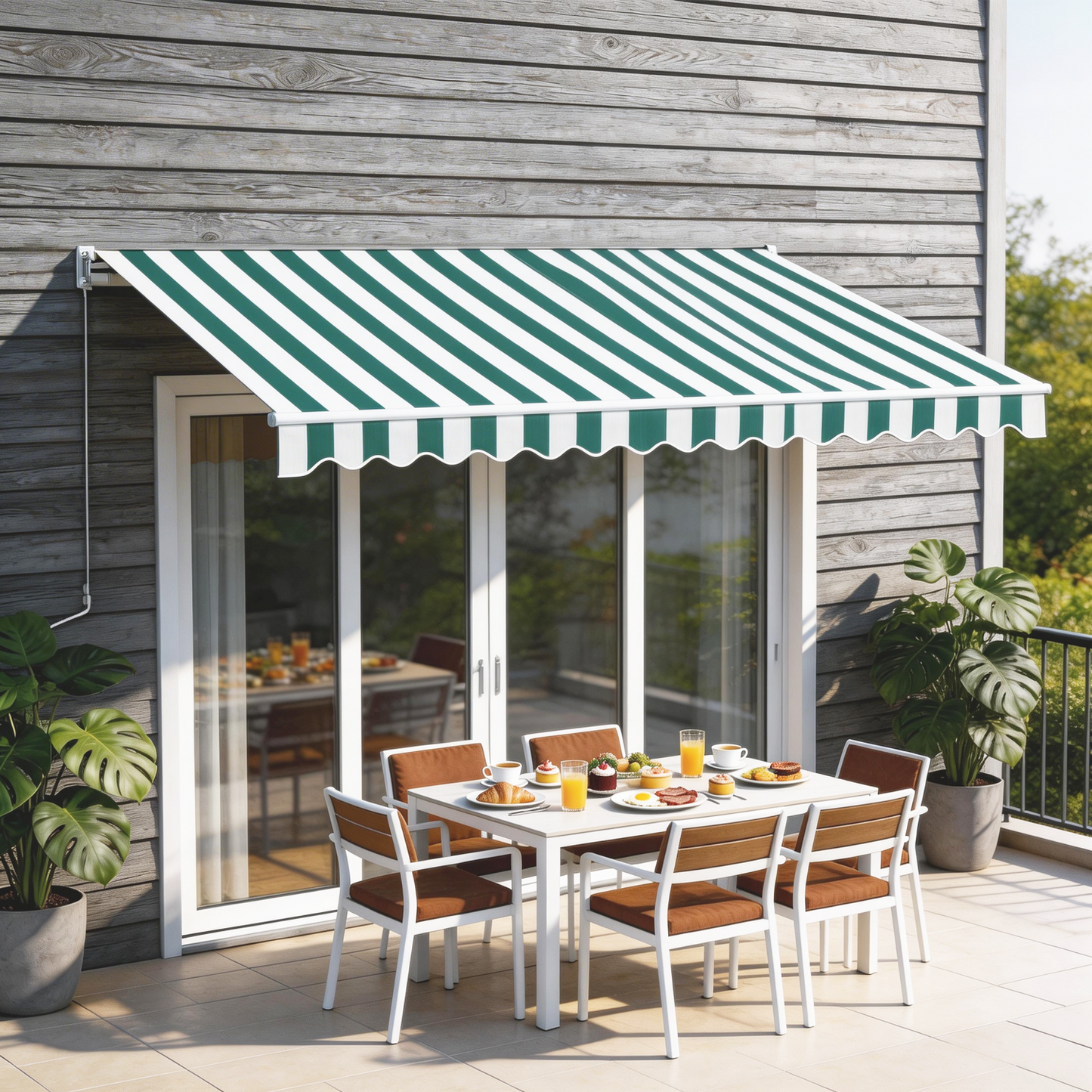 Sunmthink 12x10 FT Manual Retractable Awning, Waterproof Patio Sun Shade Canopy with Crank Handle, PA Coated Polyester for Backyard, Deck & Window, Green