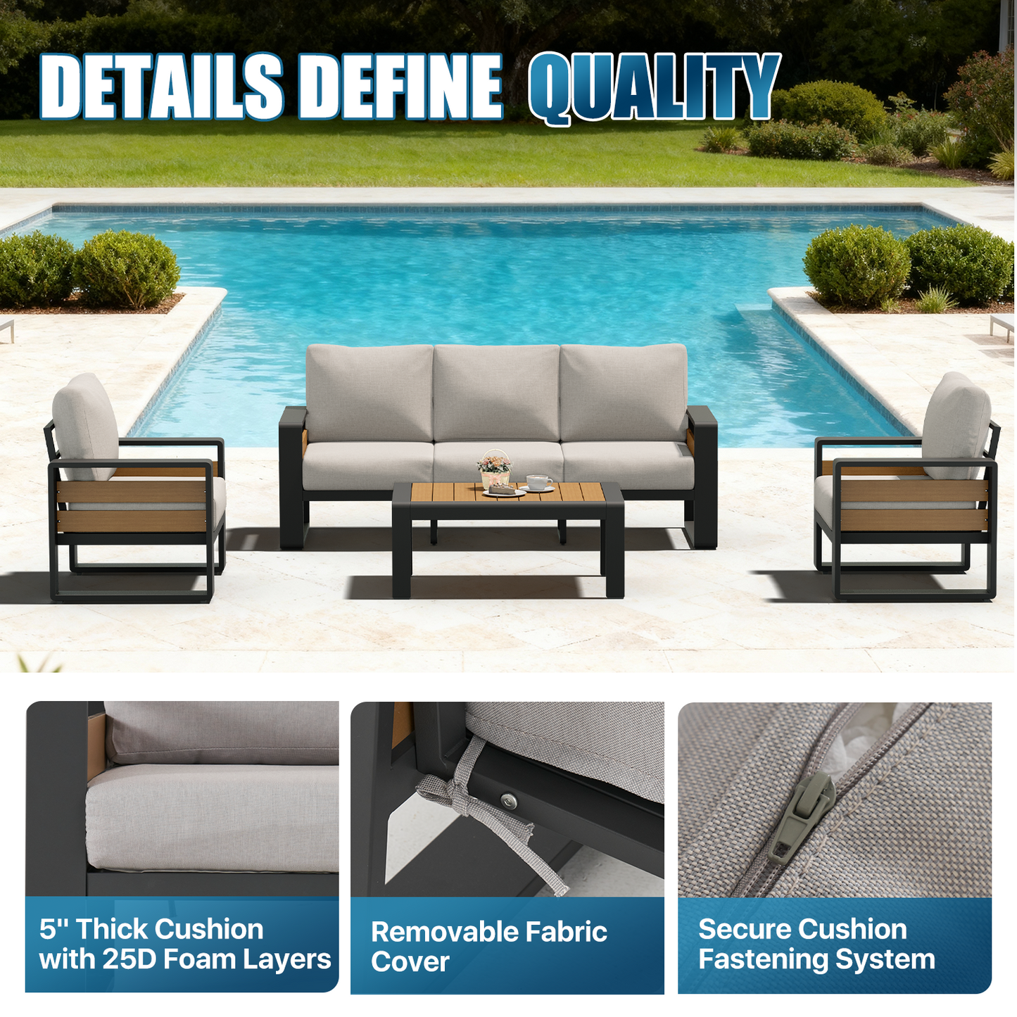 Sunmthink 4-Piece Outdoor AluminumConversation Set, Aluminumn Patio Sectional Sofa Chat Seating Sets, Light Gray
