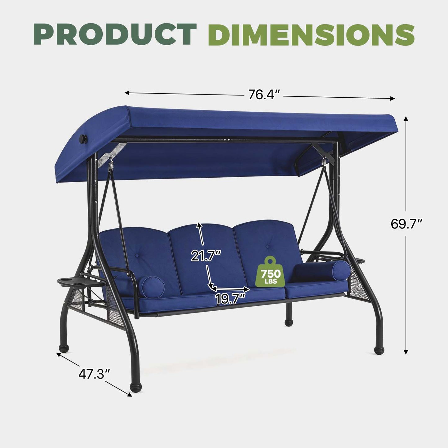 Clouddwell Outdoor Porch Swing with Stand and Canopy, 3-Seat Porch Swing with Stand for Garden, Yard & Balcony, Blue