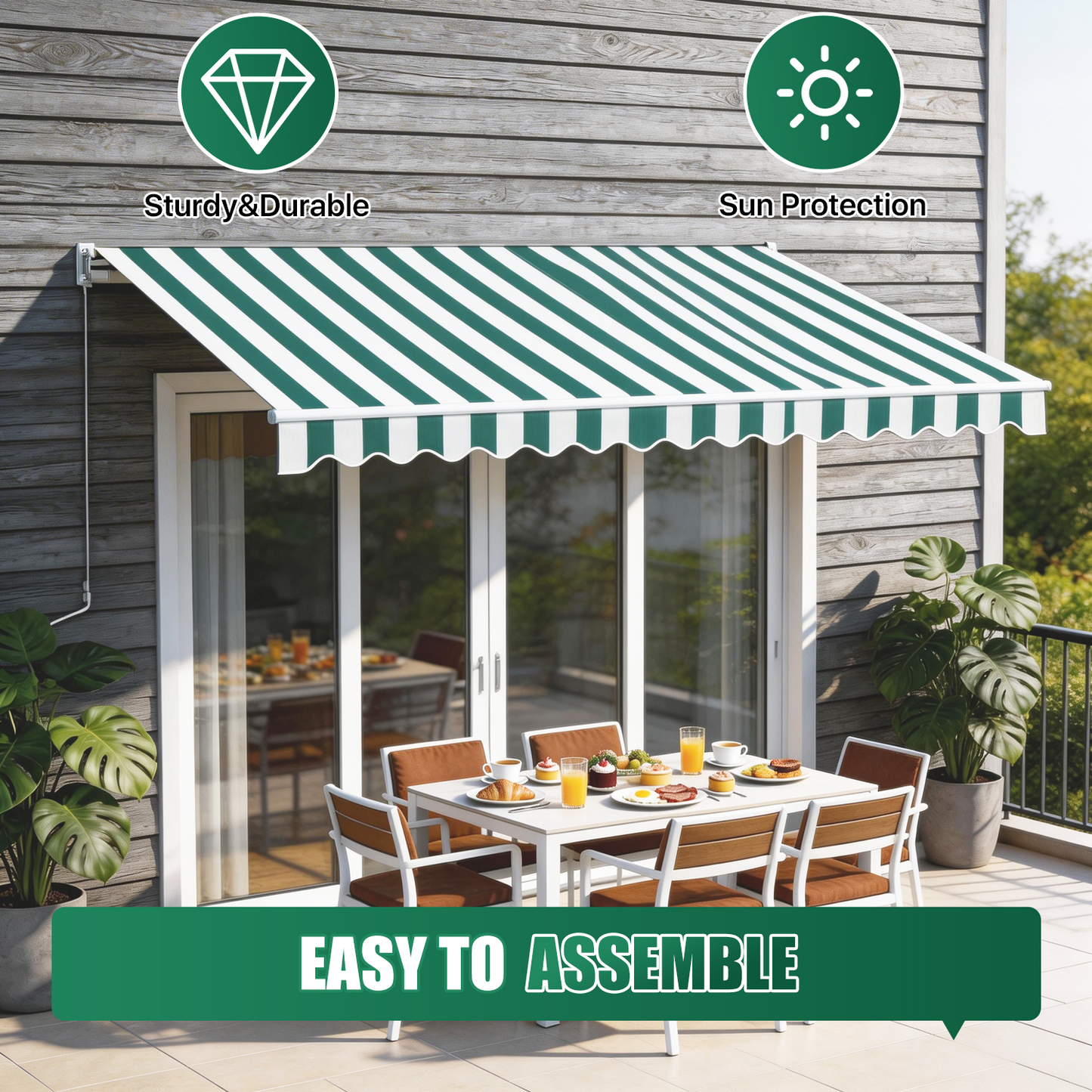 Sunmthink 12x10 FT Manual Retractable Awning, Waterproof Patio Sun Shade Canopy with Crank Handle, PA Coated Polyester for Backyard, Deck & Window, Green