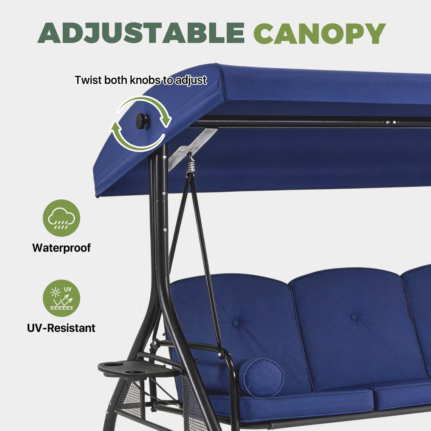 Clouddwell Outdoor Porch Swing with Stand and Canopy, 3-Seat Porch Swing with Stand for Garden, Yard & Balcony, Blue