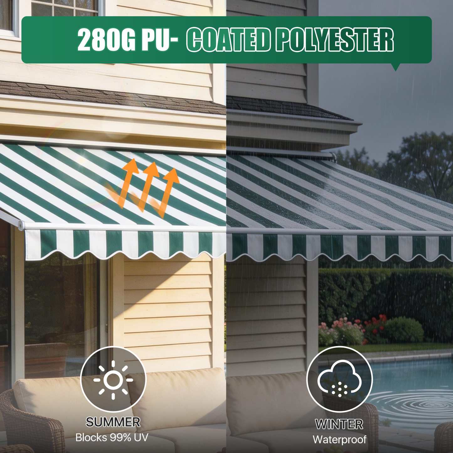 Sunmthink 12x10 FT Manual Retractable Awning, Waterproof Patio Sun Shade Canopy with Crank Handle, PA Coated Polyester for Backyard, Deck & Window, Green