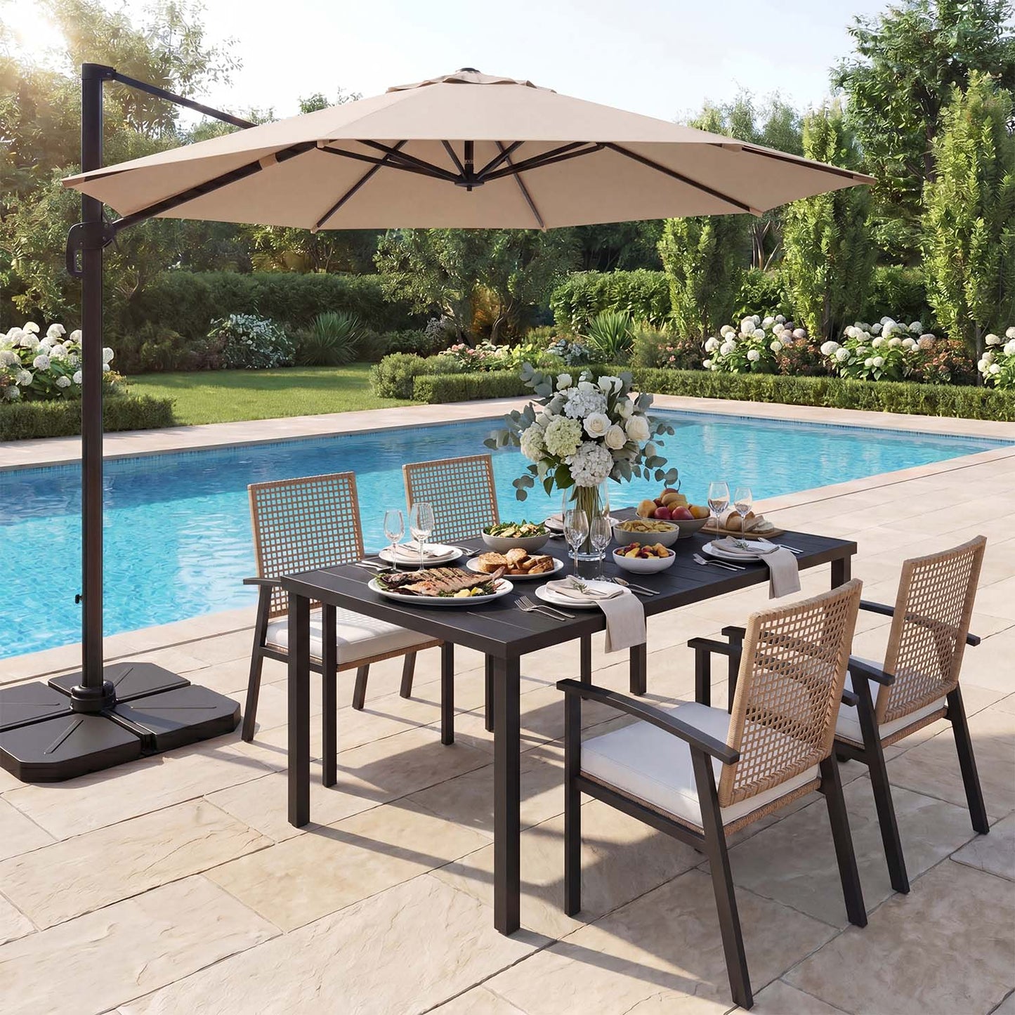 Clouddwell 5-Piece Outdoor Patio Dining Set, Wicker Chairs & Metal Table with Umbrella Hole, Patio Furniture Set for 4, with Soft Cushions for Backyard Garden