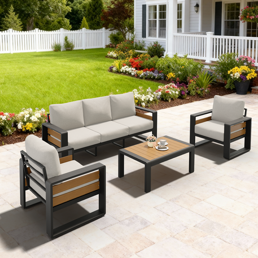 Sunmthink 4-Piece Outdoor AluminumConversation Set, Aluminumn Patio Sectional Sofa Chat Seating Sets, Light Gray