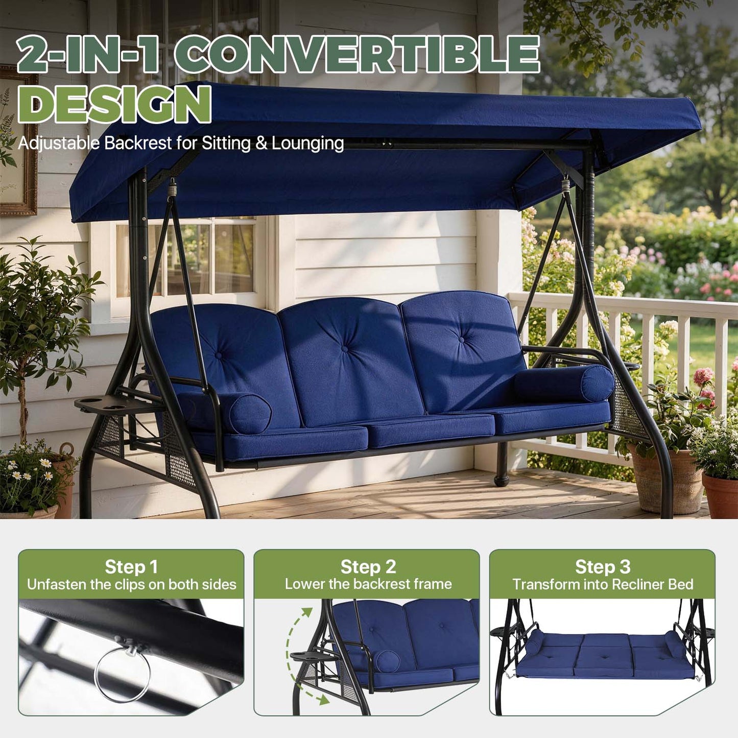 Clouddwell Outdoor Porch Swing with Stand and Canopy, 3-Seat Porch Swing with Stand for Garden, Yard & Balcony, Blue