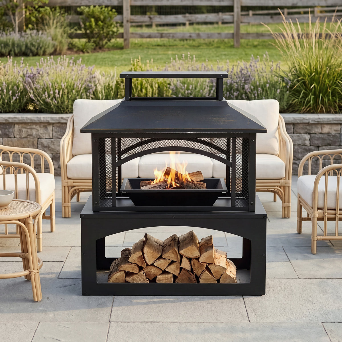 LazySunsets 32 Inch Outdoor Steel Fire Pit with Built‑in Log Storage, 360 Degree Safety Mesh Screen, Large Wood Burning Fireplace for Backyard Patio Garden Party, Black