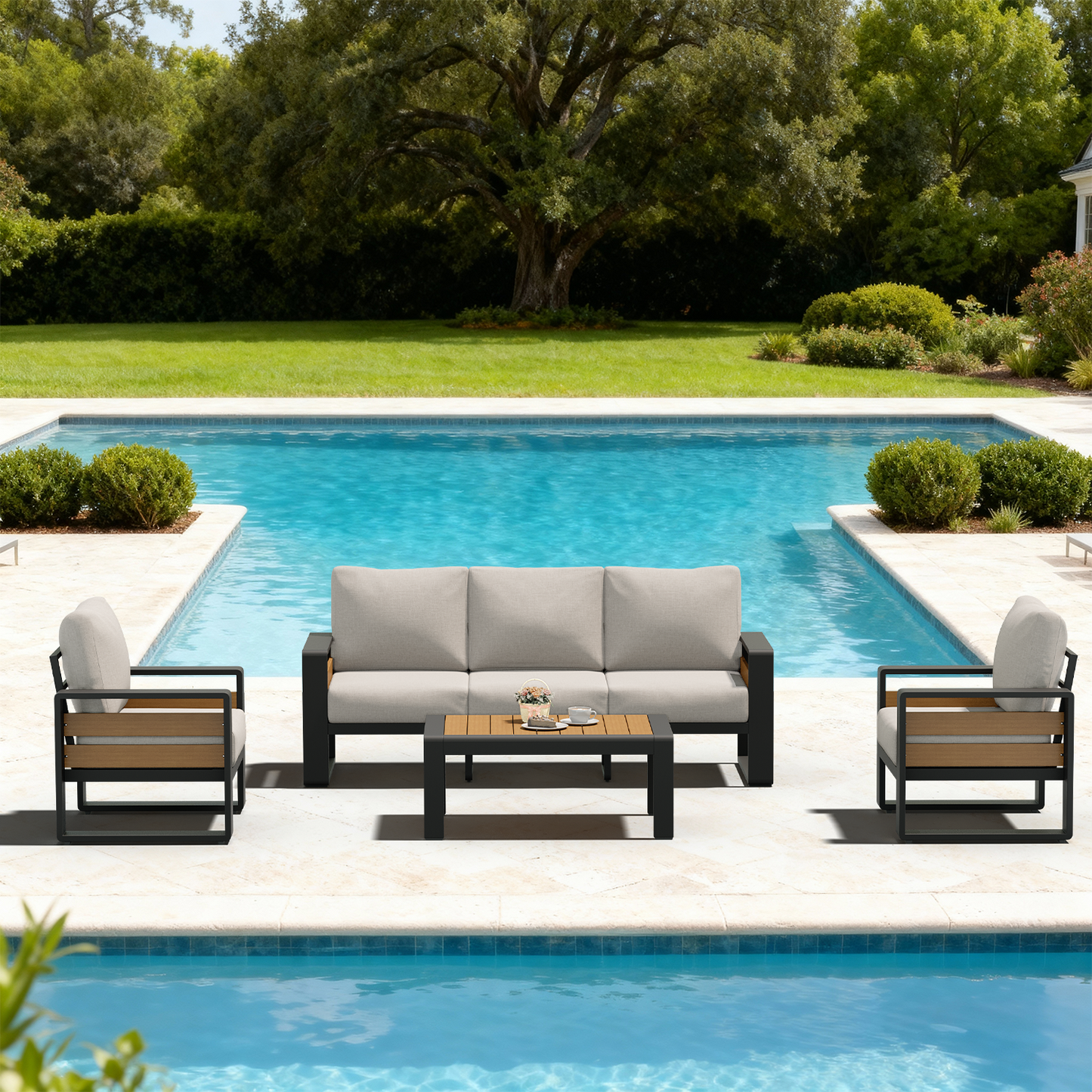 Sunmthink 4-Piece Outdoor AluminumConversation Set, Aluminumn Patio Sectional Sofa Chat Seating Sets, Light Gray