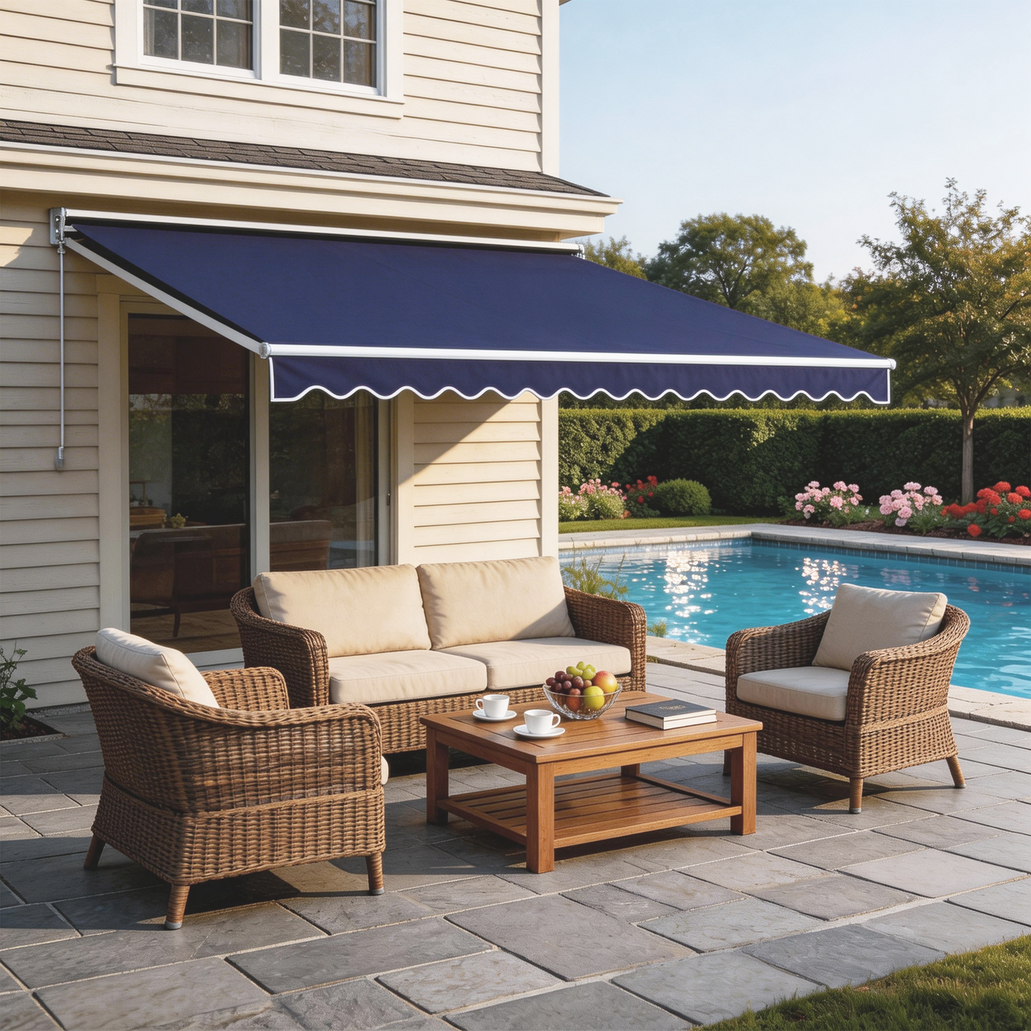 Sunmthink 12x10 FT Manual Retractable Awning, Waterproof Patio Sun Shade Canopy with Crank Handle, PA Coated Polyester for Backyard, Deck & Window, Bule