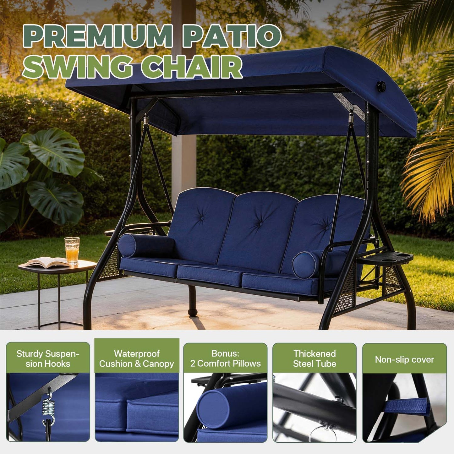 Clouddwell Outdoor Porch Swing with Stand and Canopy, 3-Seat Porch Swing with Stand for Garden, Yard & Balcony, Blue