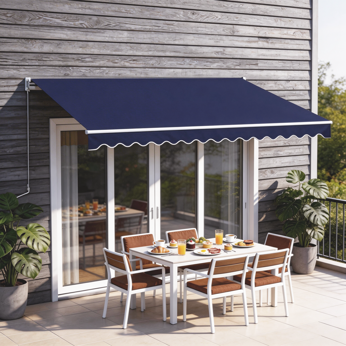 Sunmthink 12x10 FT Manual Retractable Awning, Waterproof Patio Sun Shade Canopy with Crank Handle, PA Coated Polyester for Backyard, Deck & Window, Bule