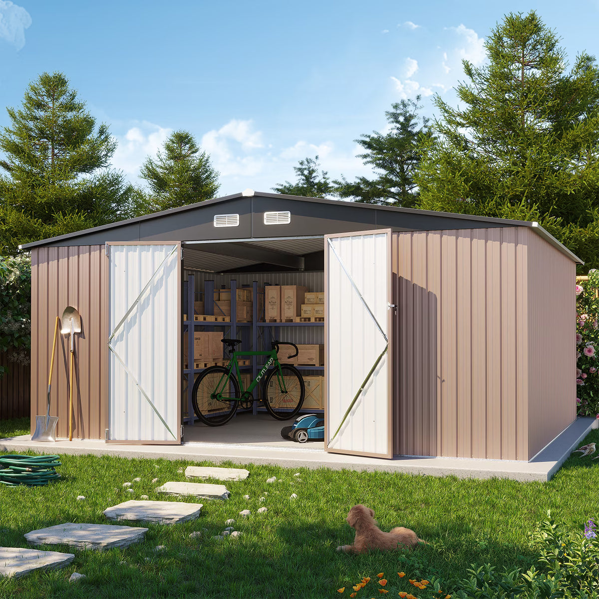 LazySunsets 12 x 14FT Shed Outdoor Storage Shed with Double Door, Large Metal Shed with Lockable Door & Sloped Roof for Garden, Backyard, Patio and Backyard, Brown