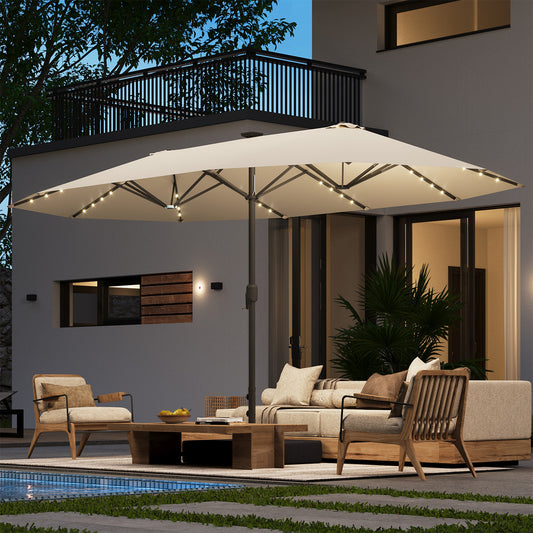 Clouddwell 15ft Patio Umbrella with Base Included, Outdoor Double-Sided Rectangular Umbrella with Light, Beige