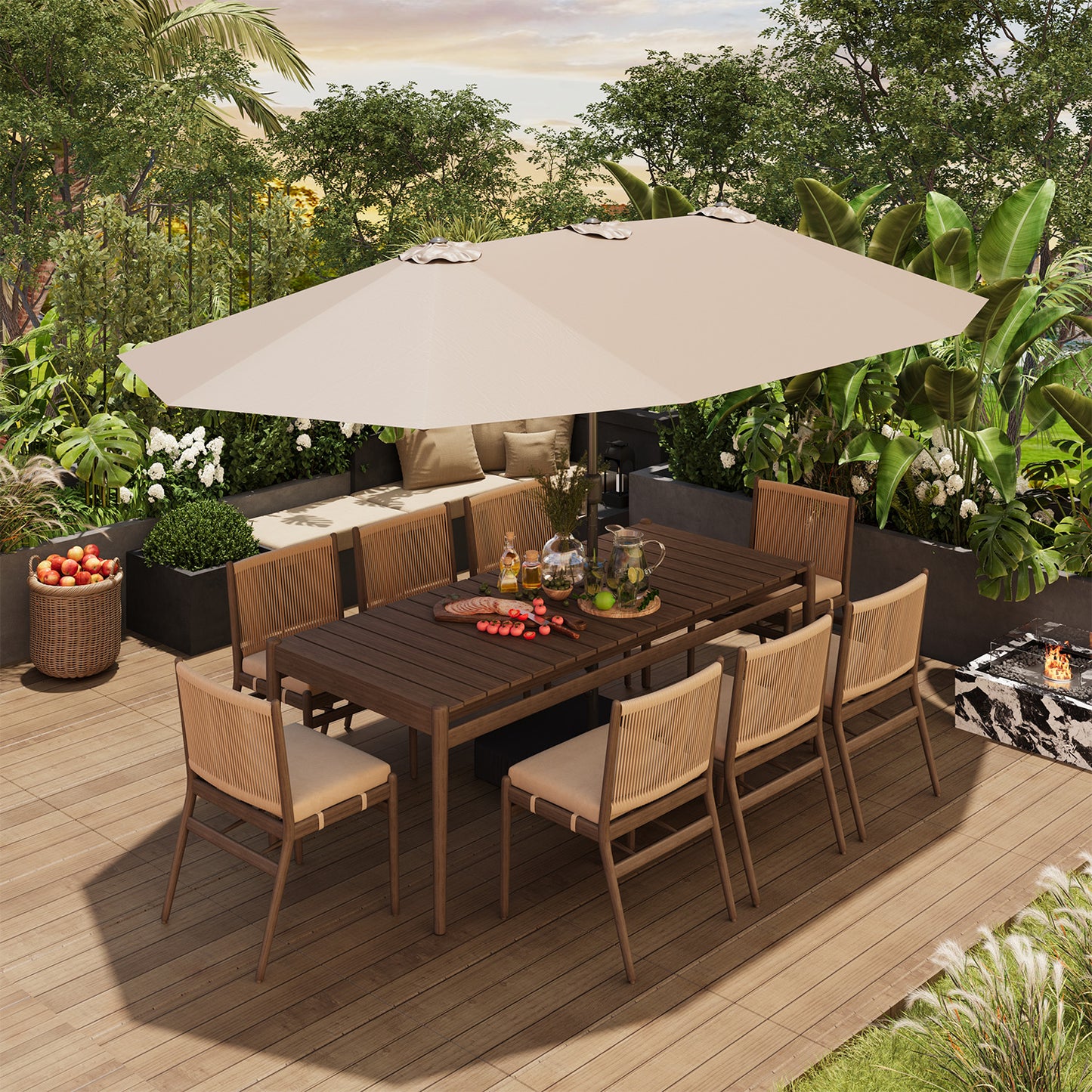 Clouddwell 15ft Patio Umbrella with Base Included, Outdoor Double-Sided Rectangular Umbrella with Light, Beige