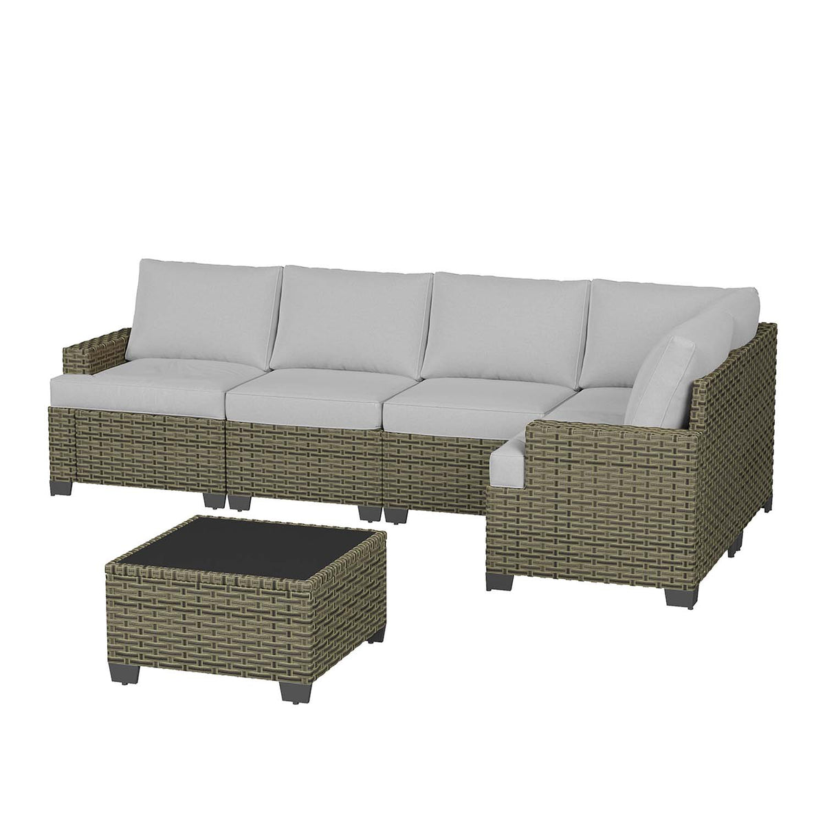 Clouddwell 6 Pieces Outdoor Patio Furniture Set, Rattan Wicker Sectional Chairs Sets with Table, Light Gray