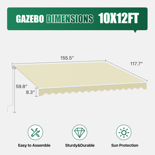 Sunmthink 12x10 FT Manual Retractable Awning, Waterproof Patio Sun Shade Canopy with Crank Handle, PA Coated Polyester for Backyard, Deck & Window, Beige