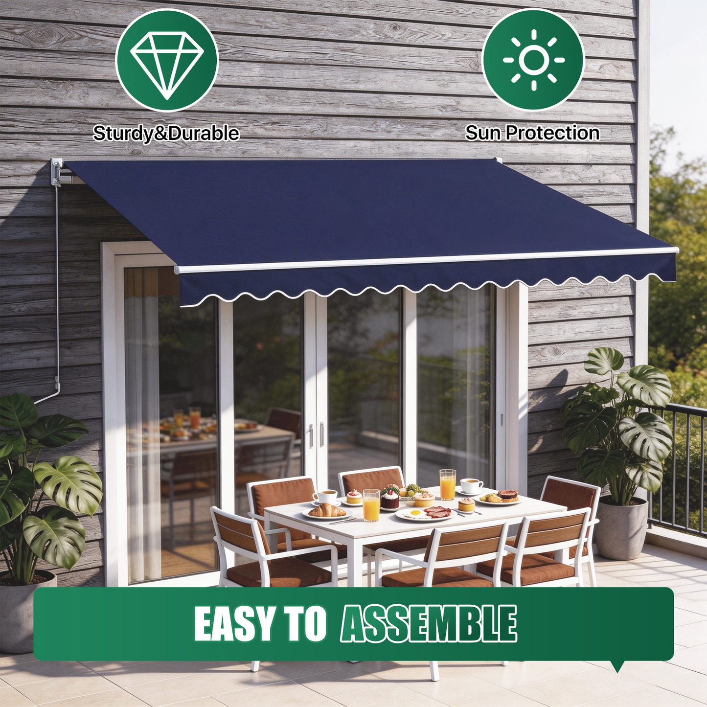 Sunmthink 12x10 FT Manual Retractable Awning, Waterproof Patio Sun Shade Canopy with Crank Handle, PA Coated Polyester for Backyard, Deck & Window, Bule