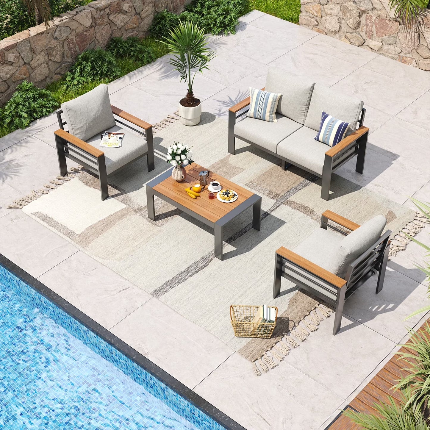 Aoxun Aluminum Outdoor Patio Furniture Set, 4 Seats Outdoor Sectional with Coffee Table (Loveseat and Single Seat 2 Pcs)