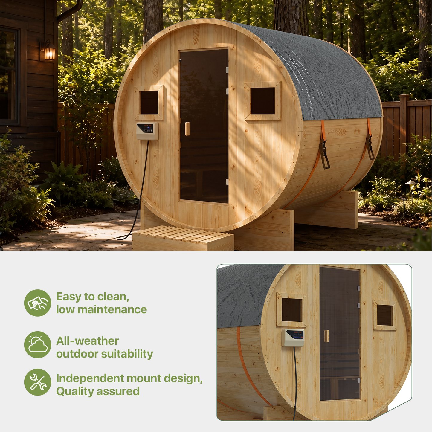 Clouddwell 4-6 Person Wood Sauna, Traditional Barrel Sauna with with 220V with 6KW Electric Heater, Steam and Wet Sauna