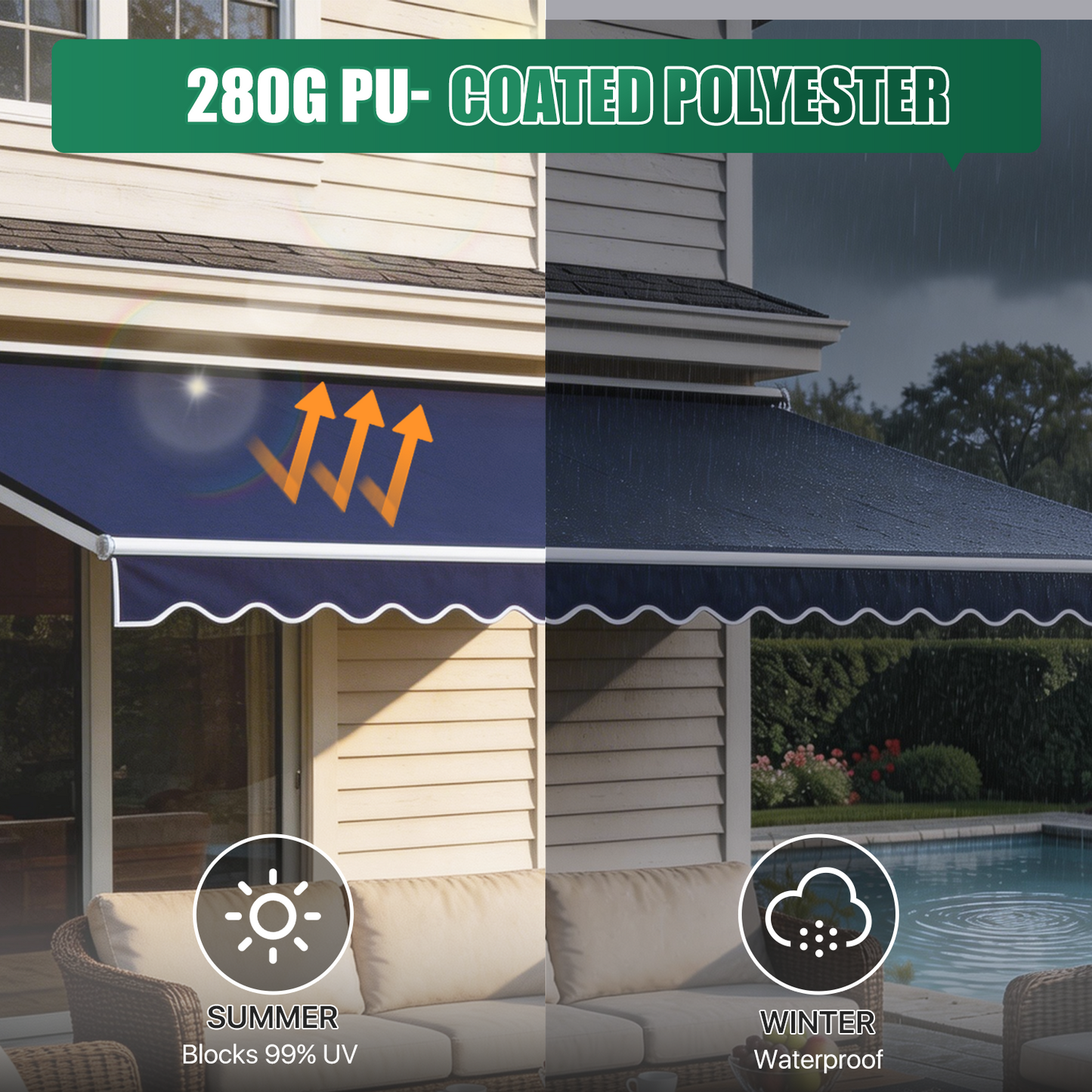 Sunmthink 12x10 FT Manual Retractable Awning, Waterproof Patio Sun Shade Canopy with Crank Handle, PA Coated Polyester for Backyard, Deck & Window, Bule