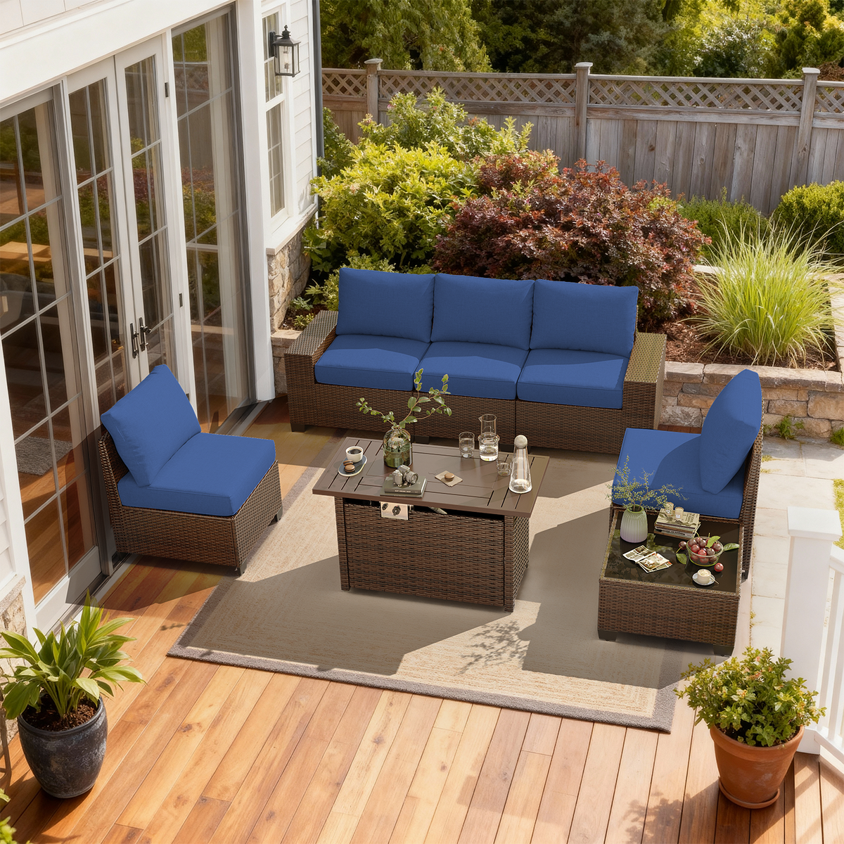 LazySunsets 7 Pieces Outdoor Wicker Patio Furniture Set with Fire Pit Table, Navy Blue Cushion Rattan Sectional Conversation Sofa, All Weather Backyard Porch Patio Set