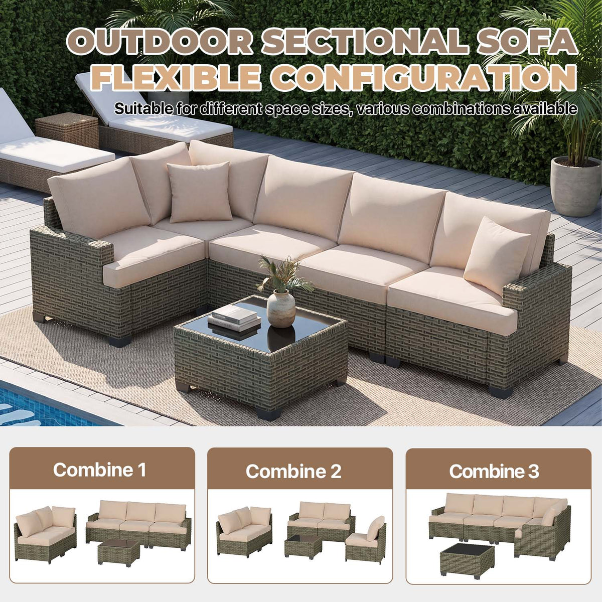 Clouddwell 6 Pieces Outdoor Patio Furniture Set, Rattan Wicker Sectional Chairs Sets with Table, Light Gray