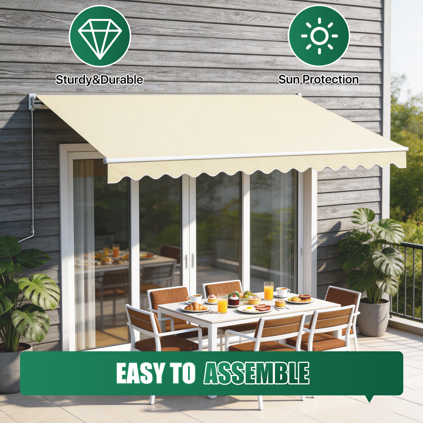 Sunmthink 12x10 FT Manual Retractable Awning, Waterproof Patio Sun Shade Canopy with Crank Handle, PA Coated Polyester for Backyard, Deck & Window, Beige