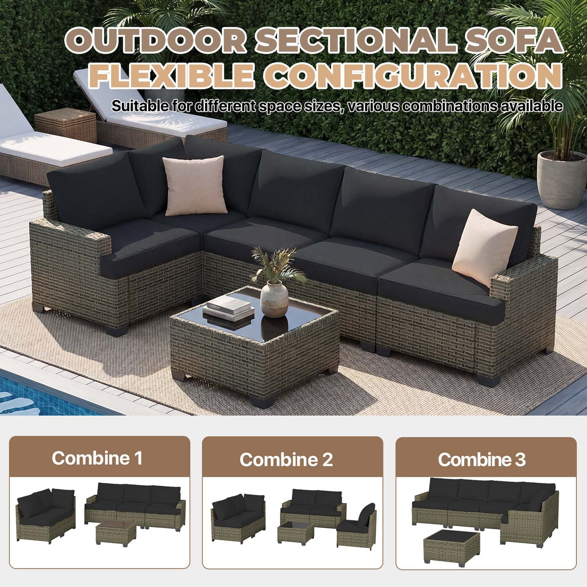 Clouddwell 6 Pieces Outdoor Patio Furniture Set, Rattan Wicker Sectional Chairs Sets with Table, Black