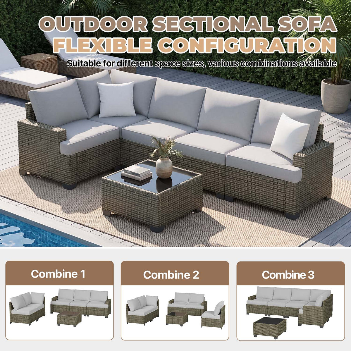 Clouddwell 6 Pieces Outdoor Patio Furniture Set, Rattan Wicker Sectional Chairs Sets with Table, Light Gray