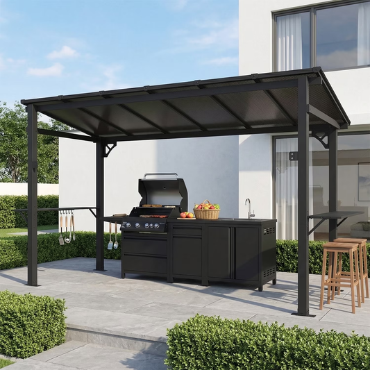 Clouddwell 12'x5.5' Permanent Metal Gazebo,Outdoor BBQ Canopy with Polycarbonate Panel & Sloping Steel Roof, Grill Shelter with 2 Side Shelves and Hooks for Patio, Backyard, Deck
