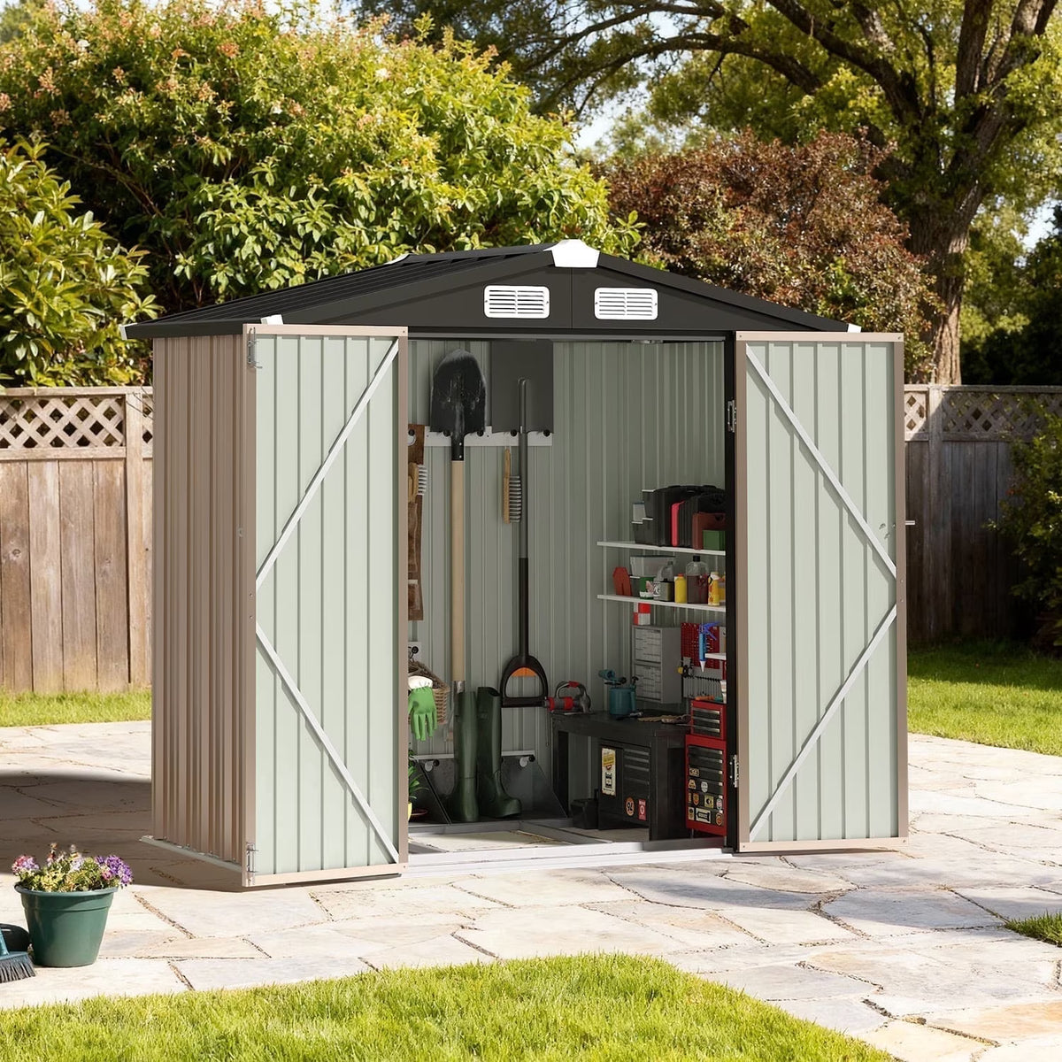 Dateyes 8’x 6’ Outdoor Storage Shed with Base Frame, Metal Garden Tool Shed with Lockable Door, Galvanized Steel Shed for Backyard, Lawn and Patio, Black