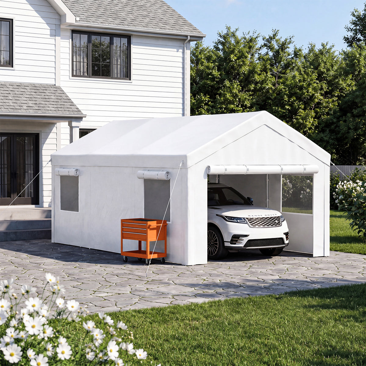 Dateyes 12x20ft Heavy Duty Carport Canopy, Portable Garage Car Canopy with Removable Sidewalls, Car Shelter for Cars, Boats, and Tools Storage, White