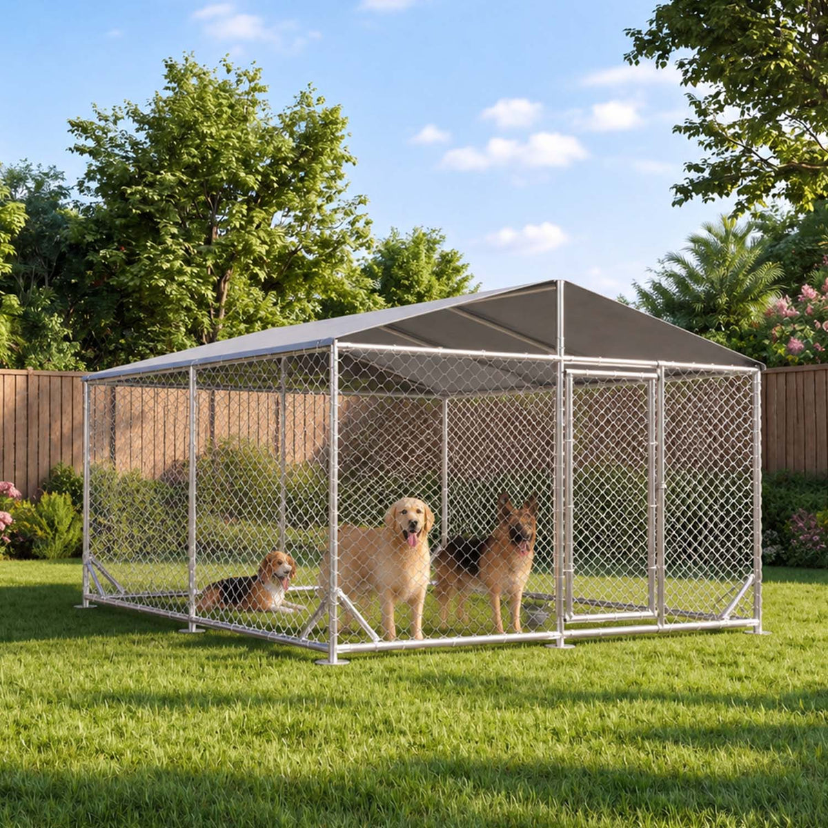 Clouddwell 9.8 ft x 9.8 ft Heavy Duty Outdoor Dog Kennel, Large Metal Chain Link Dog Cage with Waterproof Roof, Walk-in Pet Dog Run House for Backyard Garden