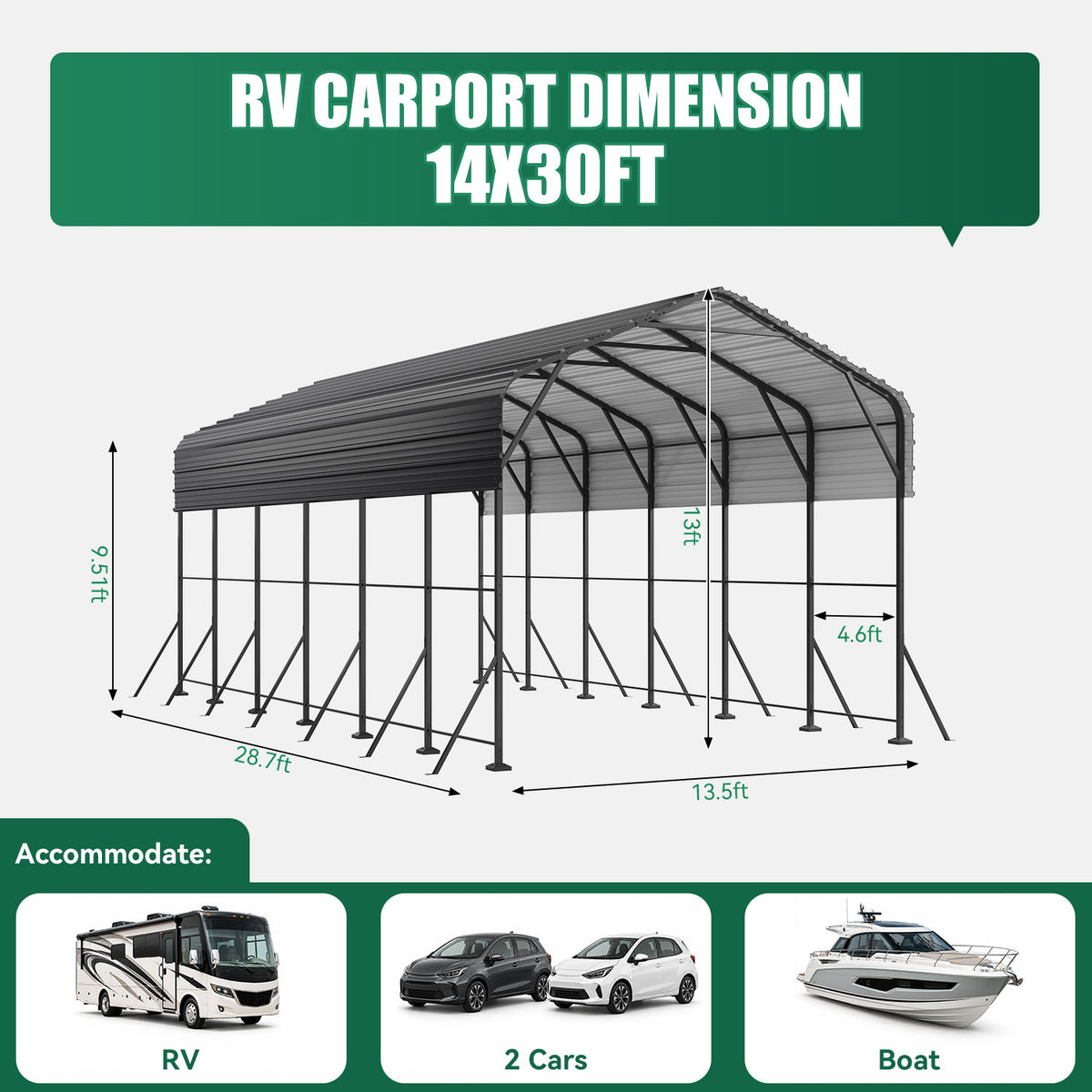 Dateyes 14x30FT RV Metal Carport, Heavy Duty Carport Canopy with Reinforced Frame & Galvanized Roof, Car Tent, Garage Shelterf for Car, Truck, Boat