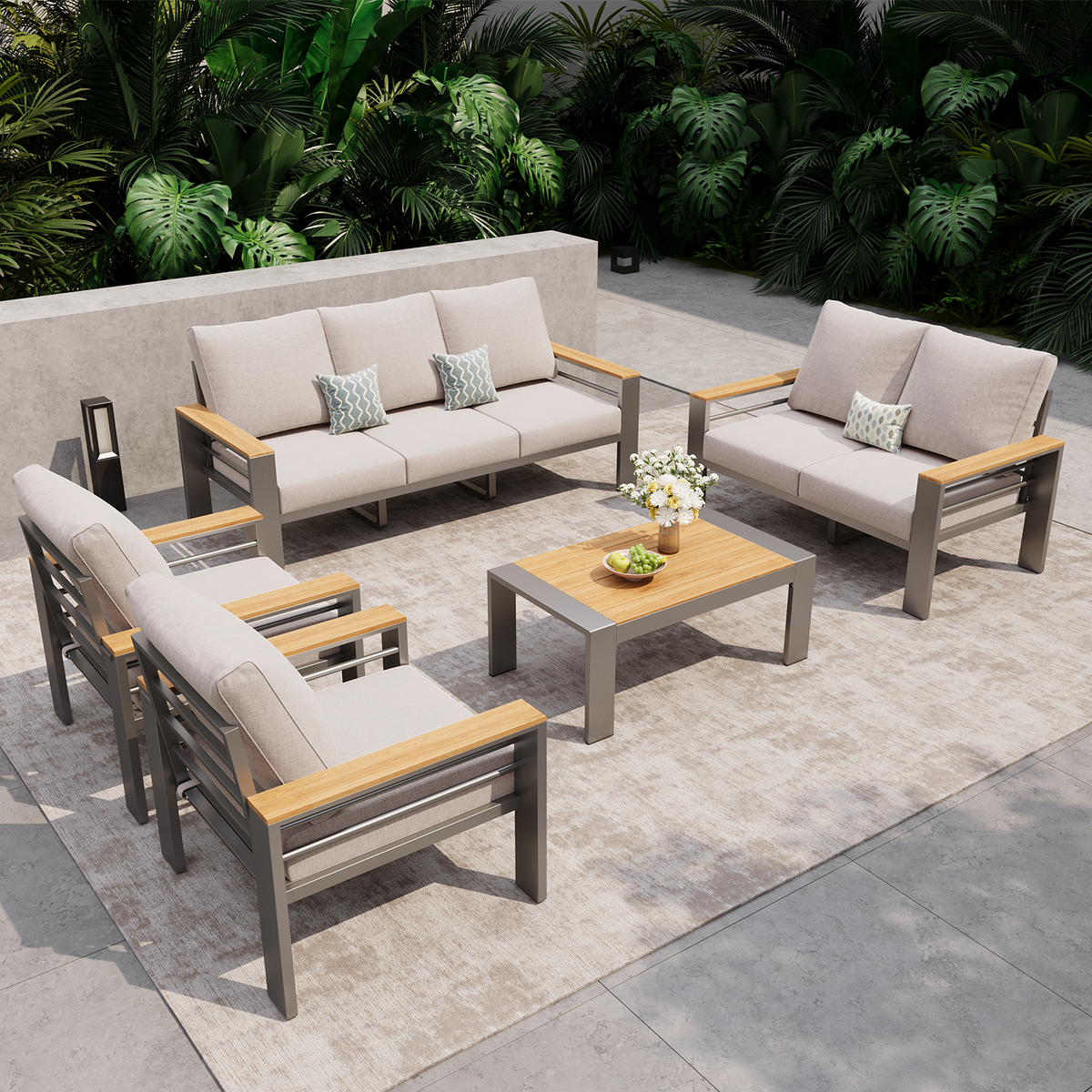 LazySunsets 5 Piece Aluminum Patio Furniture Set, 7-Seat Oversized Outdoor Sectional, Light Gray