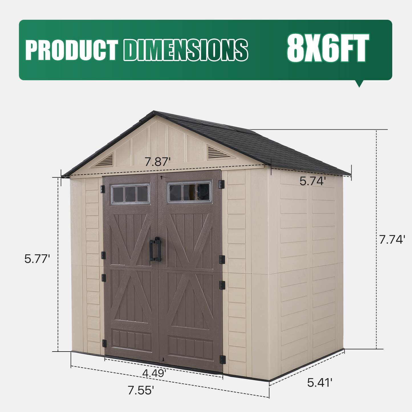 Clouddwell 8x6 FT Outdoor Storage Shed with Floor, HDPE Resin Garden Storage House with Double Doors, Windows & Ventilation, Heavy Duty Backyard Tool Shed for Lawn Equipment and Garden Supplies