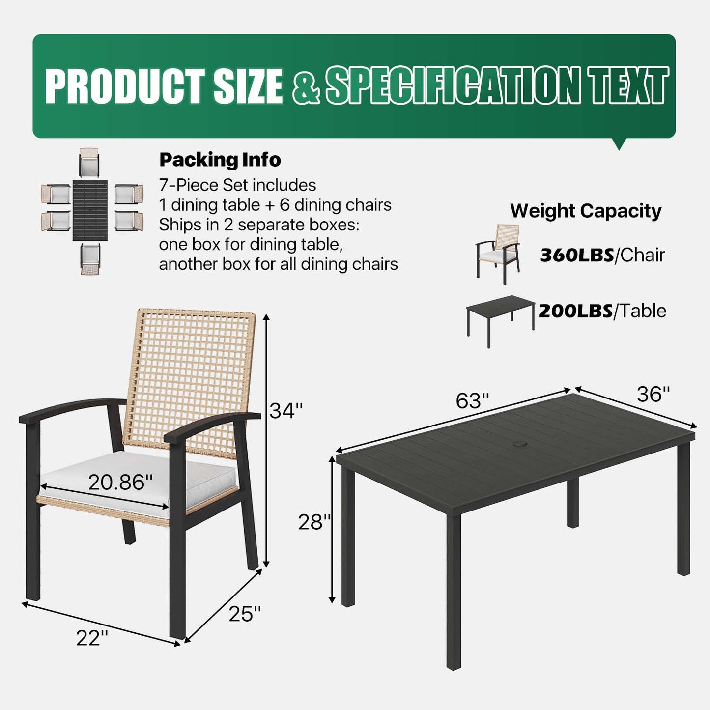 Clouddwell 7-Piece Outdoor Patio Dining Set, Wicker Chairs & Metal Table with Umbrella Hole, Patio Furniture Set for 6, with Soft Cushions for Backyard Garden