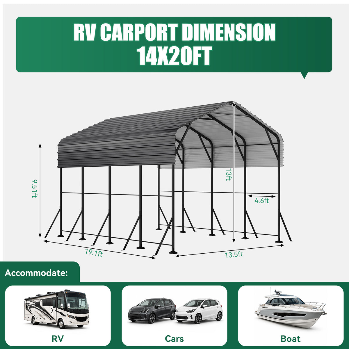 Dateyes 14x20FT RV Metal Carport, Heavy Duty Carport Canopy with Reinforced Frame & Galvanized Roof, Car Tent, Garage Shelterf for Car, Truck, Boat