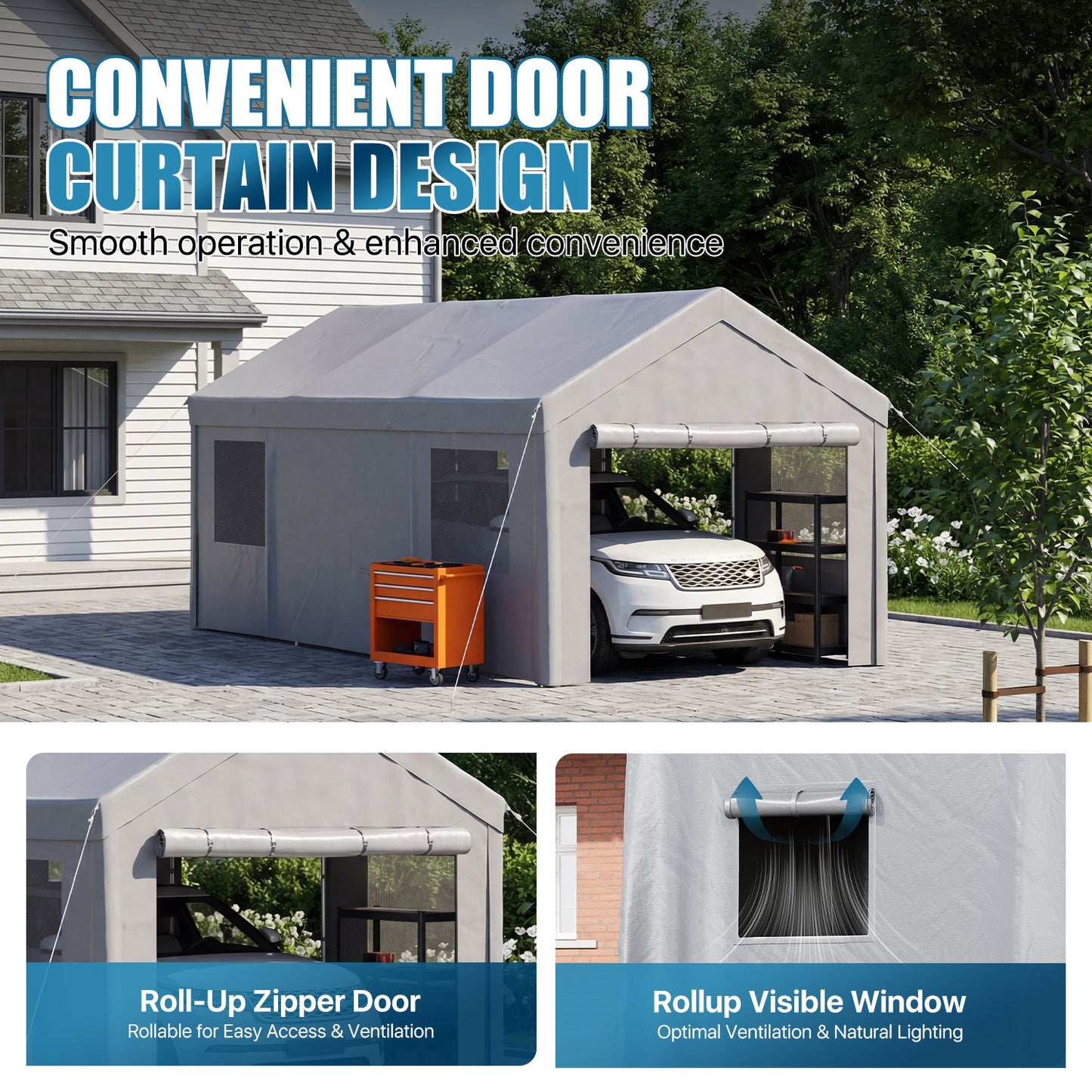 Sunmthink 10x20ft Heavy Duty Carport Canopy, Portable Outdoor Garage with Removable Sidewalls & Roll-Up Doors, All-Weather Car Shelter for Cars, Boats, Trucks and Tools Storage, Gray