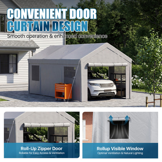 Sunmthink 10x20ft Heavy Duty Carport Canopy, Portable Outdoor Garage with Removable Sidewalls & Roll-Up Doors, All-Weather Car Shelter for Cars, Boats, Trucks and Tools Storage, Gray