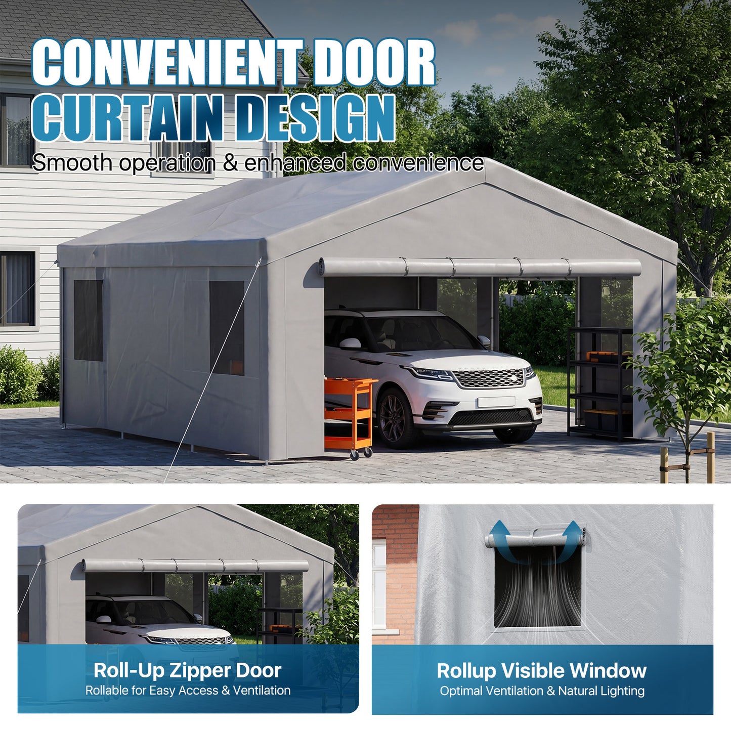 Sunmthink 20x20ft Heavy Duty Carport Canopy, Portable Outdoor Garage with Removable Sidewalls & Roll-Up Doors, All-Weather Car Shelter for Cars, Boats, Trucks and Tools Storage, Gray