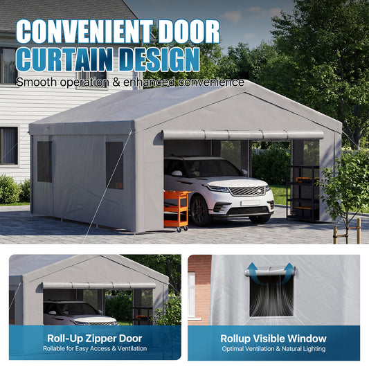Sunmthink 20x20ft Heavy Duty Carport Canopy, Portable Outdoor Garage with Removable Sidewalls & Roll-Up Doors, All-Weather Car Shelter for Cars, Boats, Trucks and Tools Storage, Gray