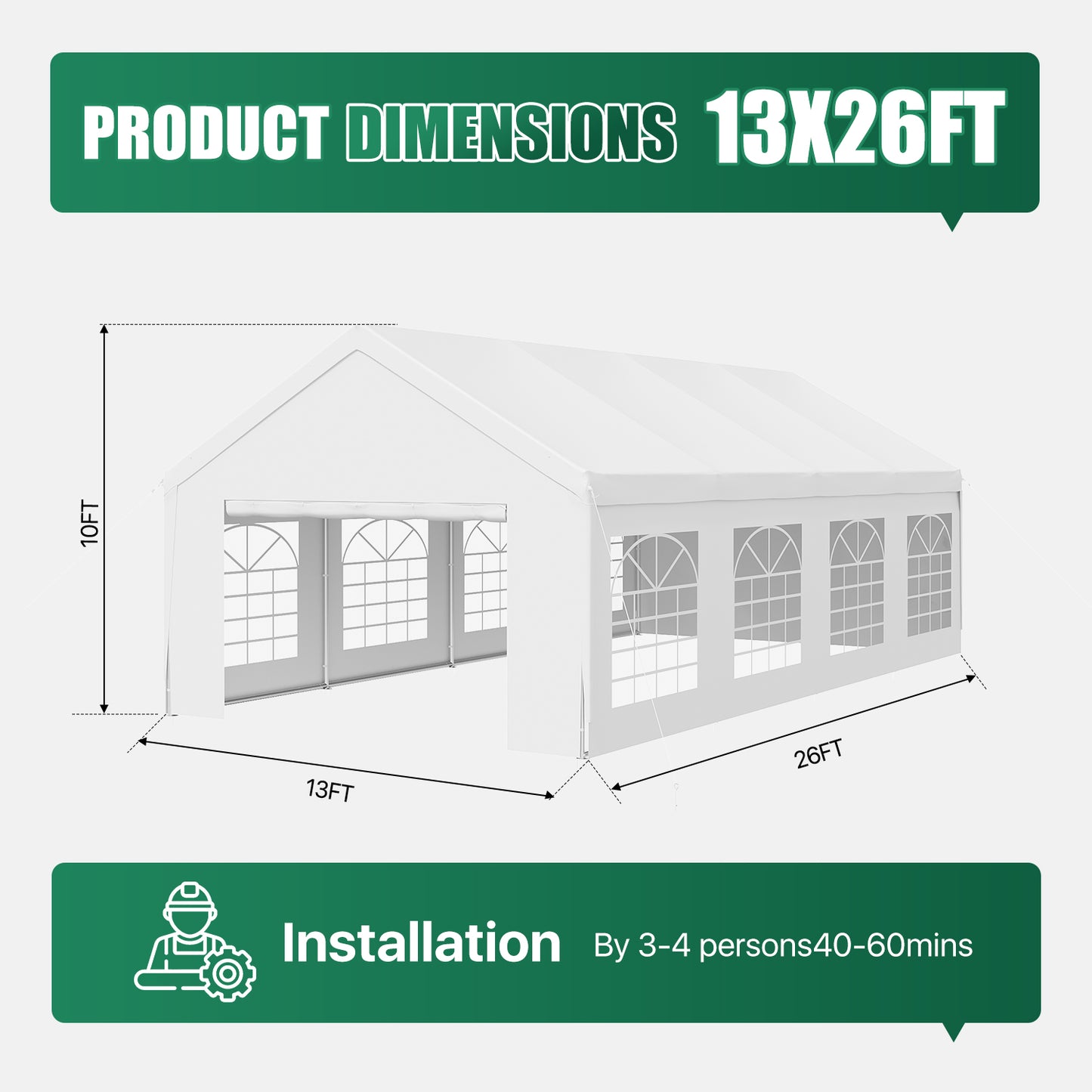 Clouddwell Heavy Duty 13X26FT Party Tent, Large Outdoor Wedding Tent with Removable Sidewalls & Sandbags, Commercial Wedding Large Tent,Carport, BBQ,UV 50+, Waterproof, White
