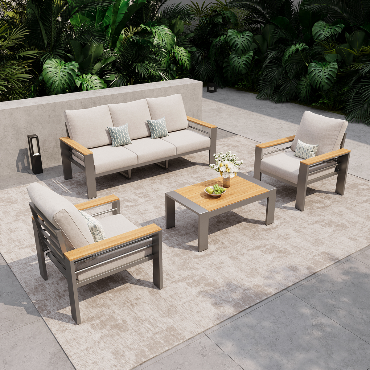LazySunsets 4 Piece Aluminum Patio Furniture Set, 5-Seat Oversized Outdoor Sectional, Light Gray