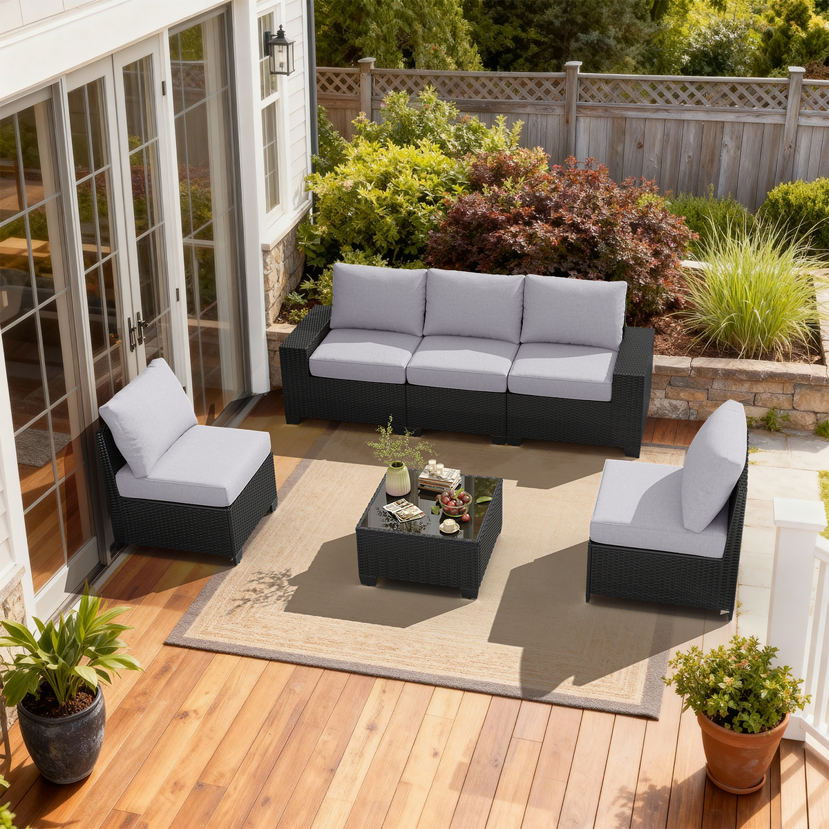 LazySunsets 6 Pieces Outdoor Wicker Patio Furniture Set, Gray Cushion Rattan Sectional Conversation Sofa with Glass Coffee Table, All Weather Backyard Porch Set